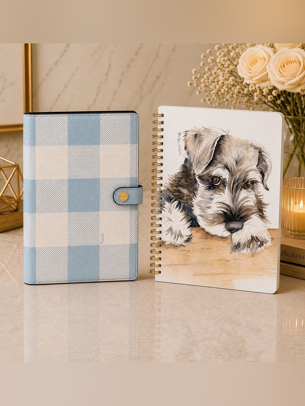 NEW Coach Blue Gingham Notebook with Matching Lined Schnauzer Notebook NWT